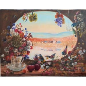 CHUTEAU Jacqueline - Bouquets  de fleurs, oiseaux et insectes devant fenêtre - XXe - Art Naïf
