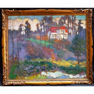 Genot Julien - House In The Woods - Belgian Painter, Sometimes Fawn Colorist - Carved Wooden Frame