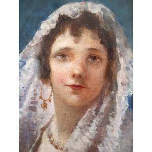 Portrait Of A Young Woman With A Veil And Creole Earring - 19th Century - Signed (unread).