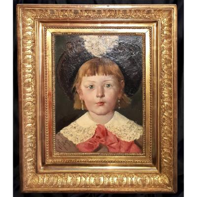 RIVIERE Théodore -Portrait, Jeune Fille à la mode "Mousquetaire" - XIXe - Rare Peinture par le Sculpteur Rivière.