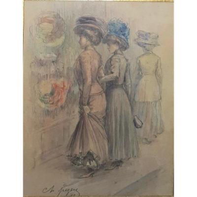 PEZEU Charles. Dessin d'Elégantes devant La Vitrine De La Modiste. La Mode en 1908- Chapeaux