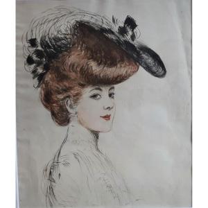 Watercolor - Elegant In Hat - Follower Of Helleu -