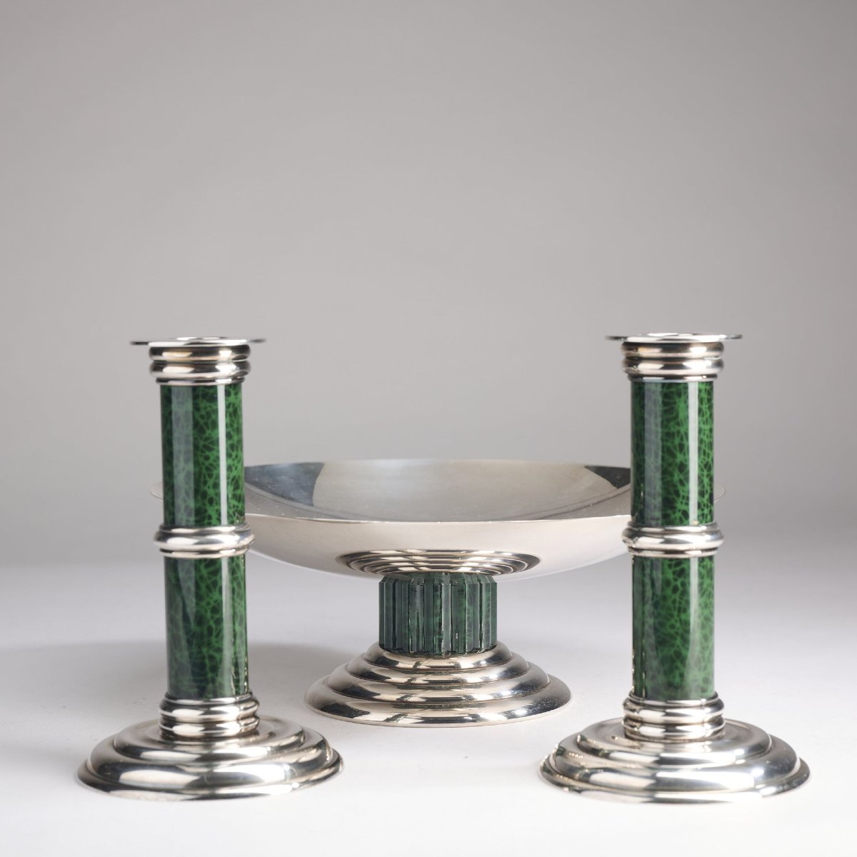 Puiforcat Pair Of Candleholders And A Bowl On A Silver-plated Metal Pedestal-photo-2