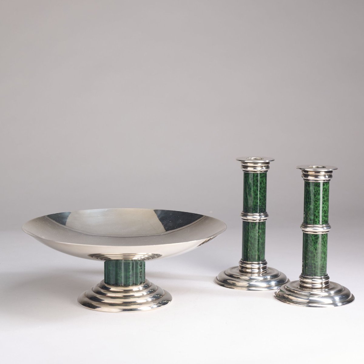 Puiforcat Pair Of Candleholders And A Bowl On A Silver-plated Metal Pedestal-photo-4