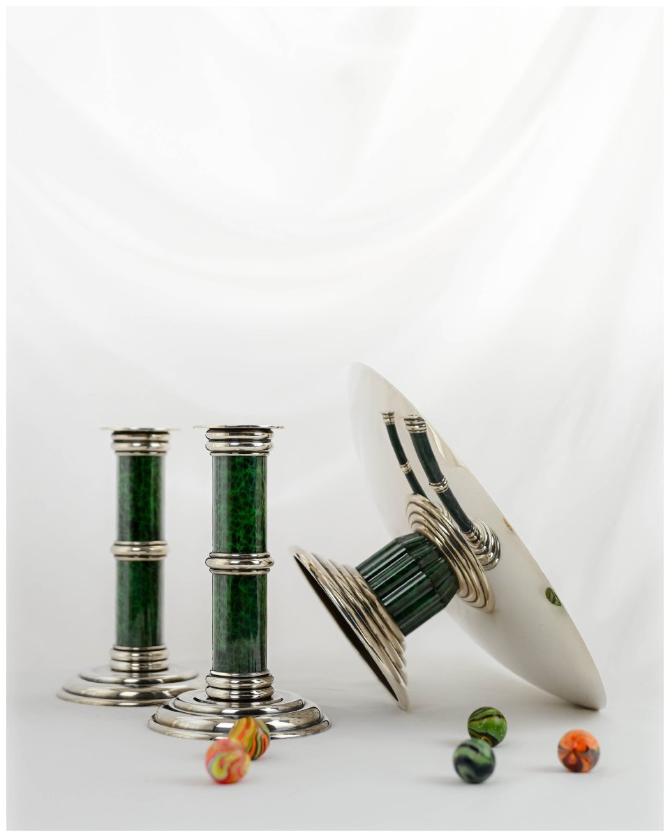 Puiforcat Pair Of Candleholders And A Bowl On A Silver-plated Metal Pedestal