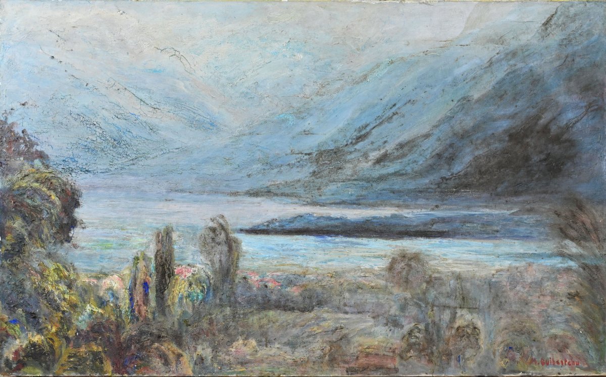 Grand tableau d'un paysage lacustre