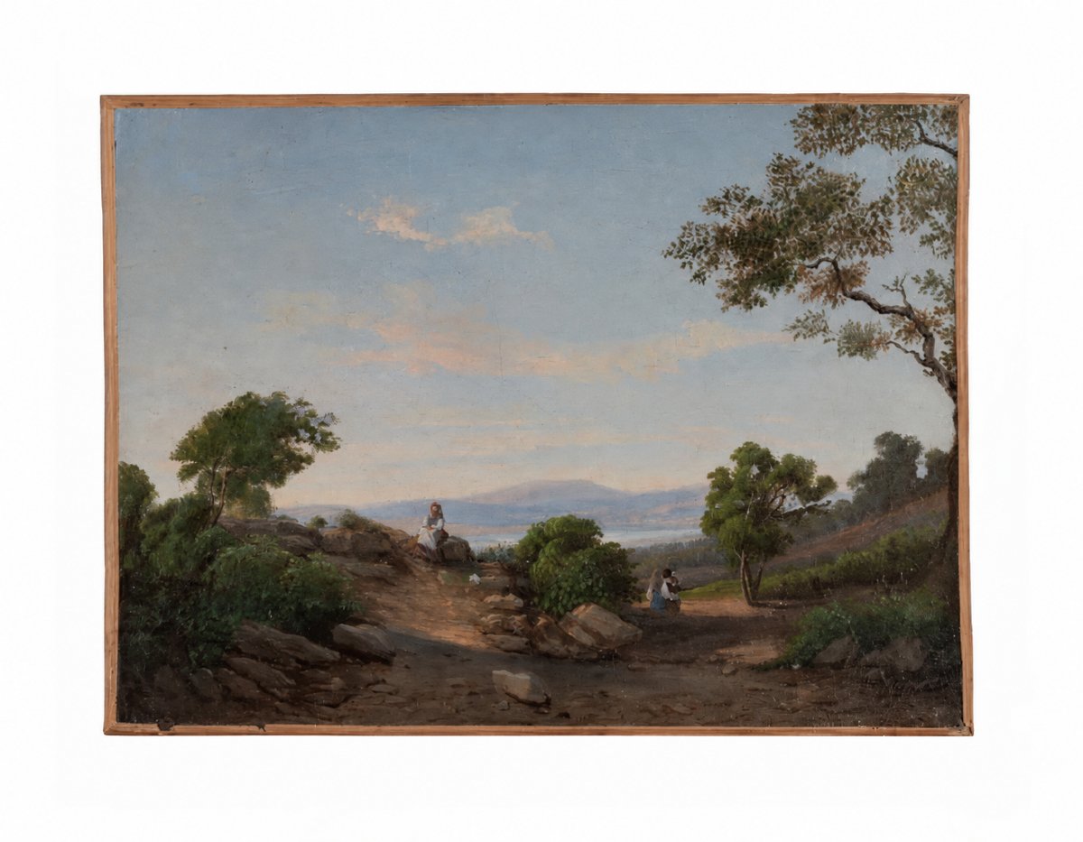 Henri Eugène Louvet (1866-?) – Promeneurs sur un chemin, huile sur toile, XIXe