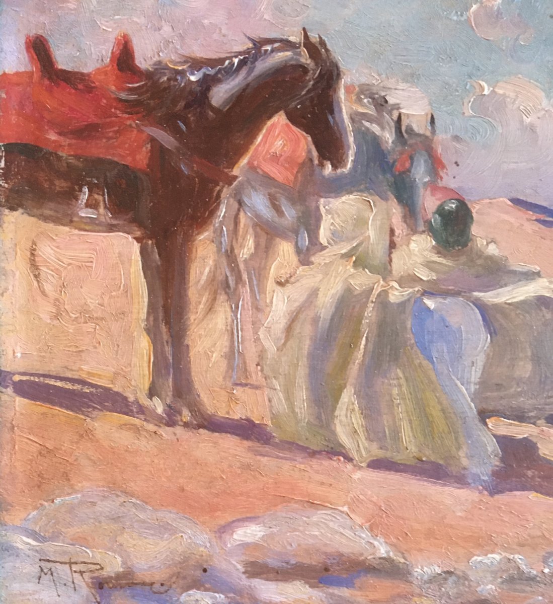Maurice Romberg De Vaucorbeil (1861 / 62-1943) Rest Of The Arab Horsemen Oil On Panel S-photo-2