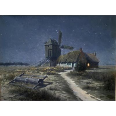 Armand Guéry (1853-1912) - Le moulin de Caurel, nuit étoilée 