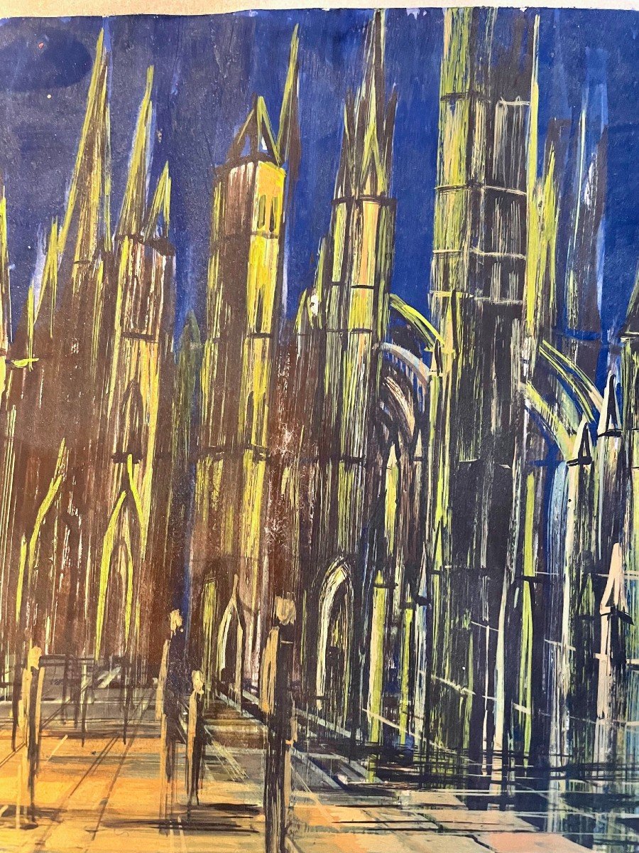 Aquarelle De Hélène Azenor, Vue Sur Une Cathédrale La Nuit, De 1976-photo-2