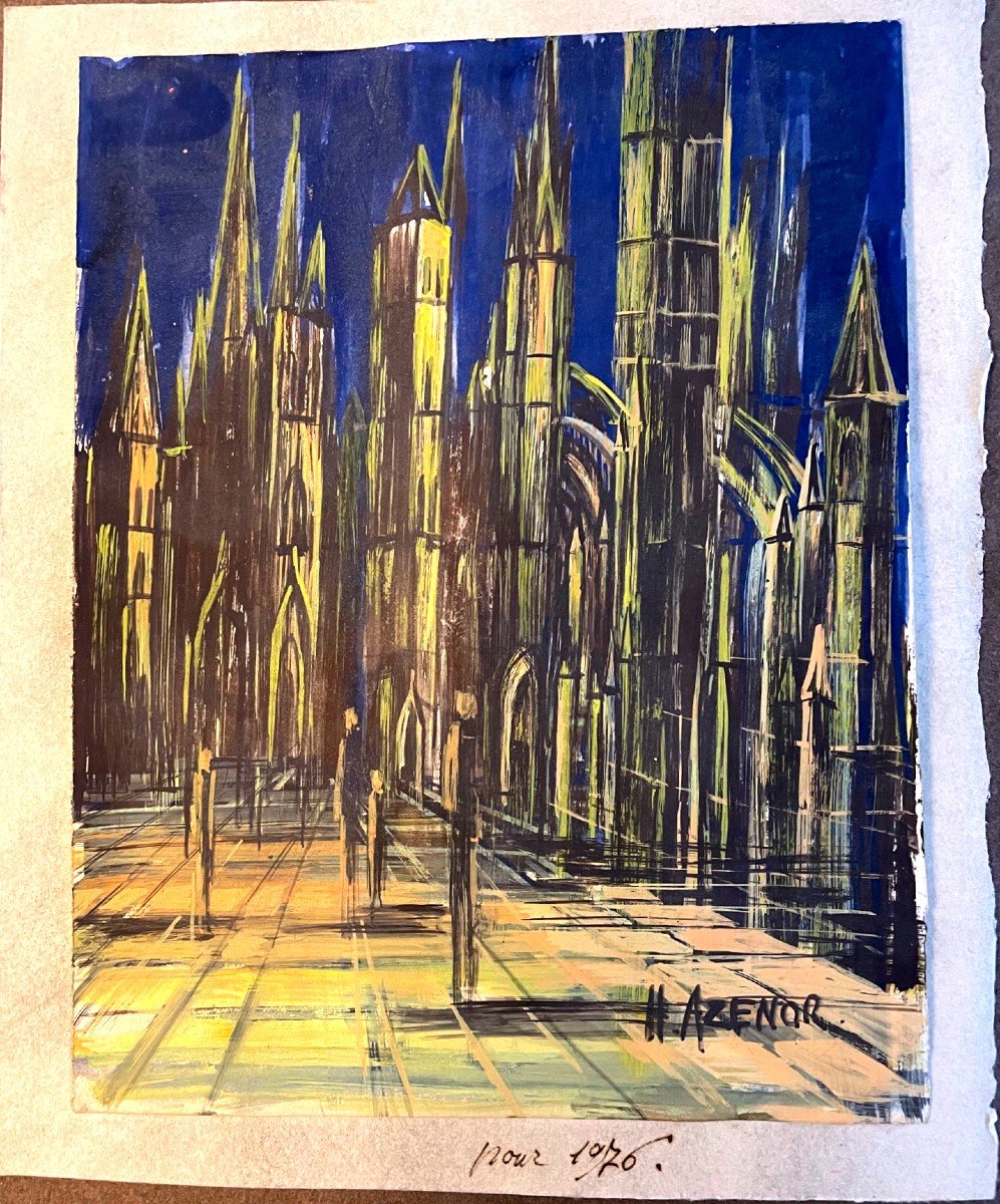 Aquarelle De Hélène Azenor, Vue Sur Une Cathédrale La Nuit, De 1976