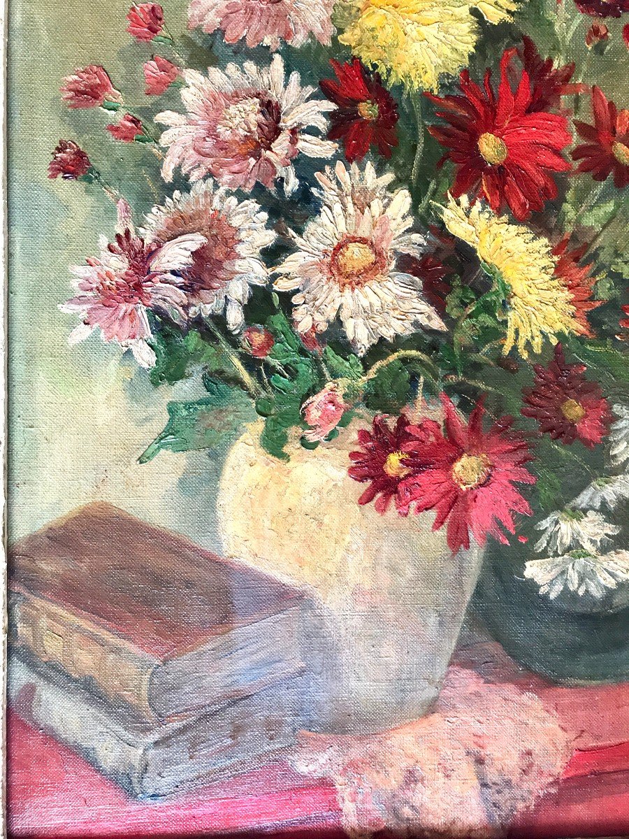 Painting, Bouquet Of Flowers In A Vase, Signed J. Schira Alsatian Painter-photo-2