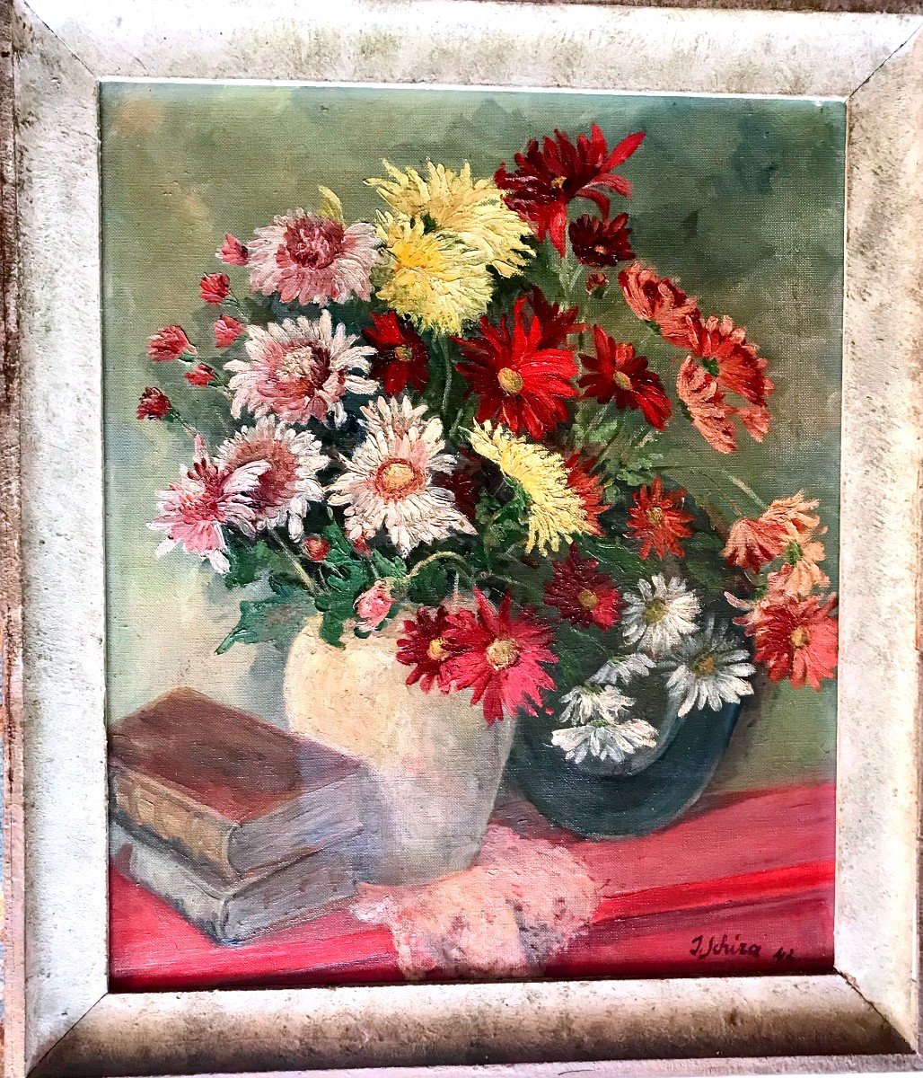 Painting, Bouquet Of Flowers In A Vase, Signed J. Schira Alsatian Painter