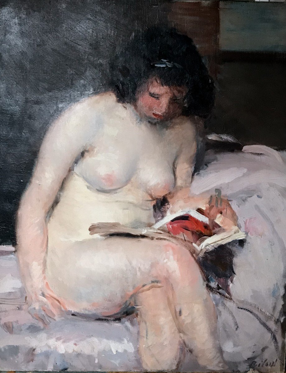 Tableau, Jeune Femme Nue à la lecture, de Louis François Biloul, XX ème