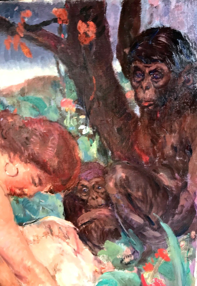 Painting, Young Naked Woman Surrounded By Monkeys, Att. In Bilul? XX Th-photo-2