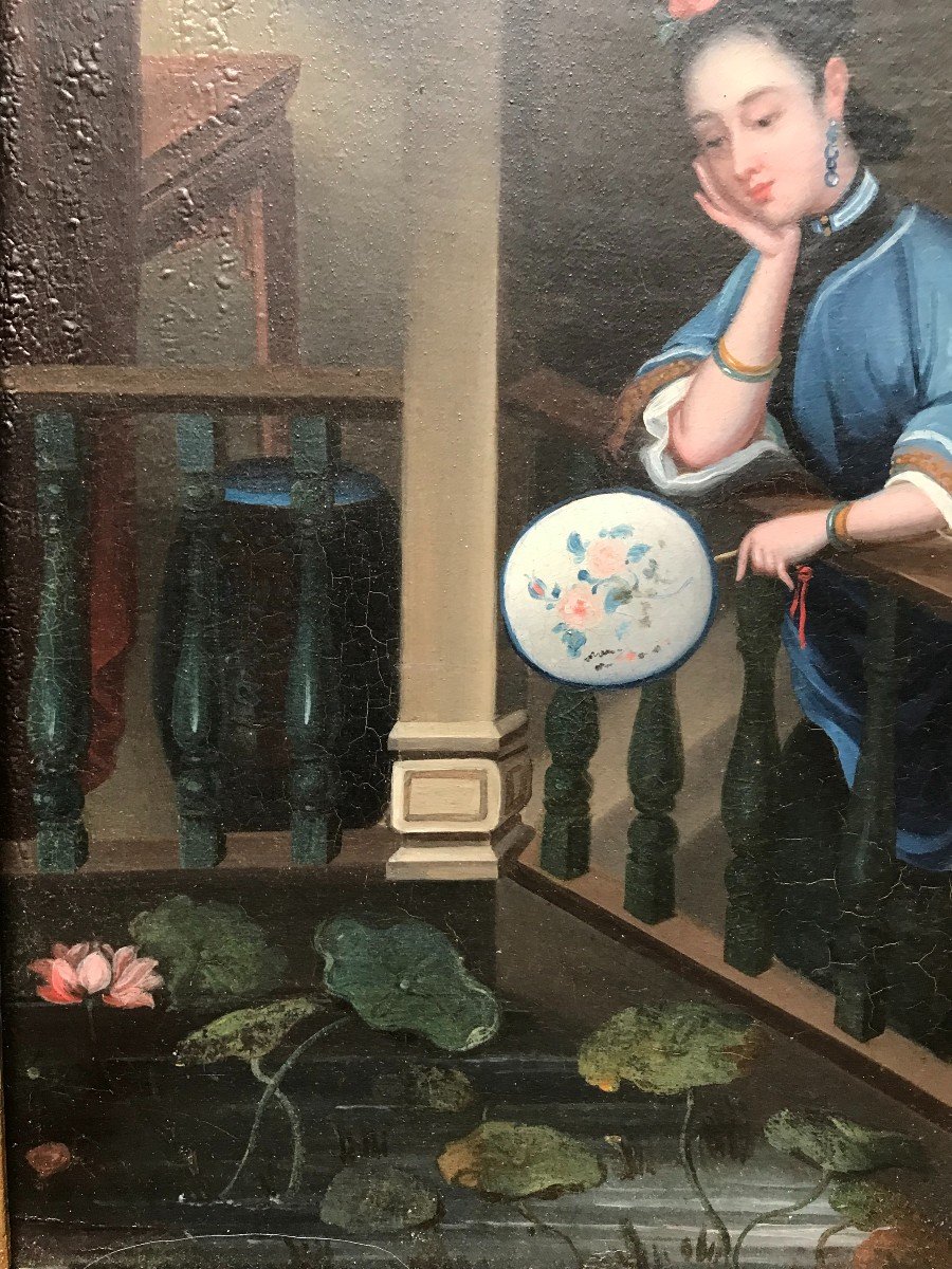 Tableau, Jeune Asiatique Au Bassin De Nénuphars, Huile Début XIX ème-photo-3