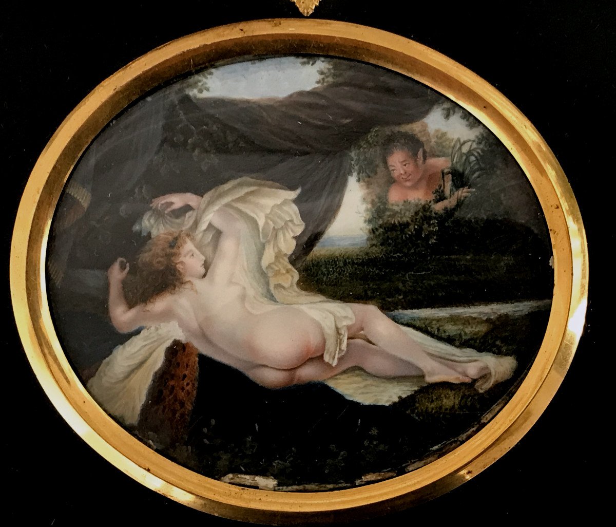 Miniature, Young Naked Woman With Drape, Dated 1824, Black Frame, Early XIXth Time-photo-2