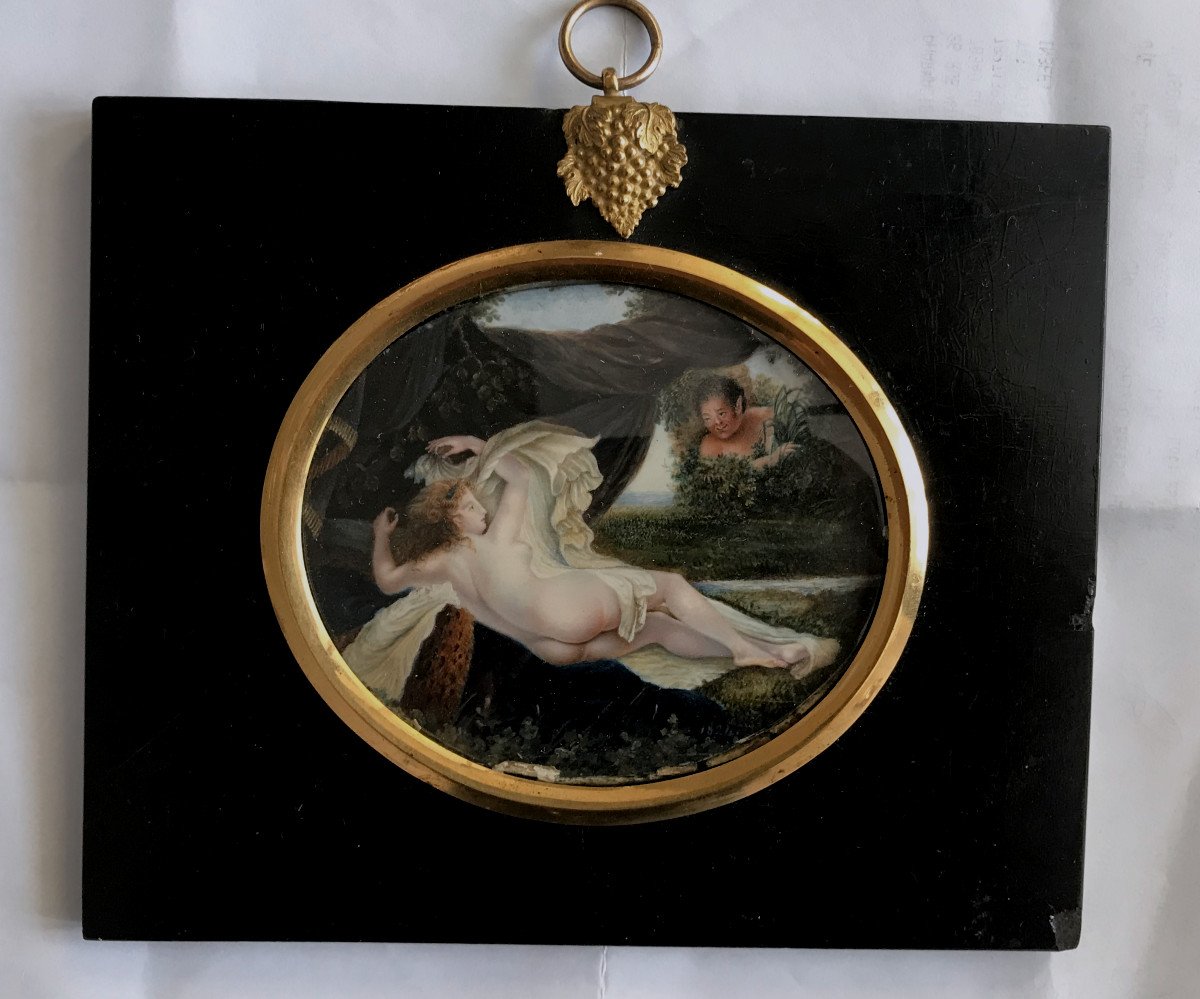 Miniature, Young Naked Woman With Drape, Dated 1824, Black Frame, Early XIXth Time