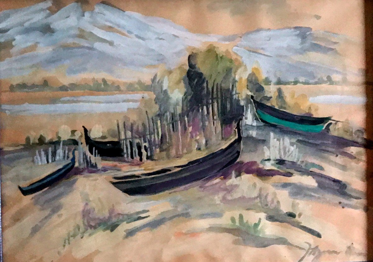 Painting, Boats At The Water's Edge, Watercolor And Gouache, 20th Century-photo-2