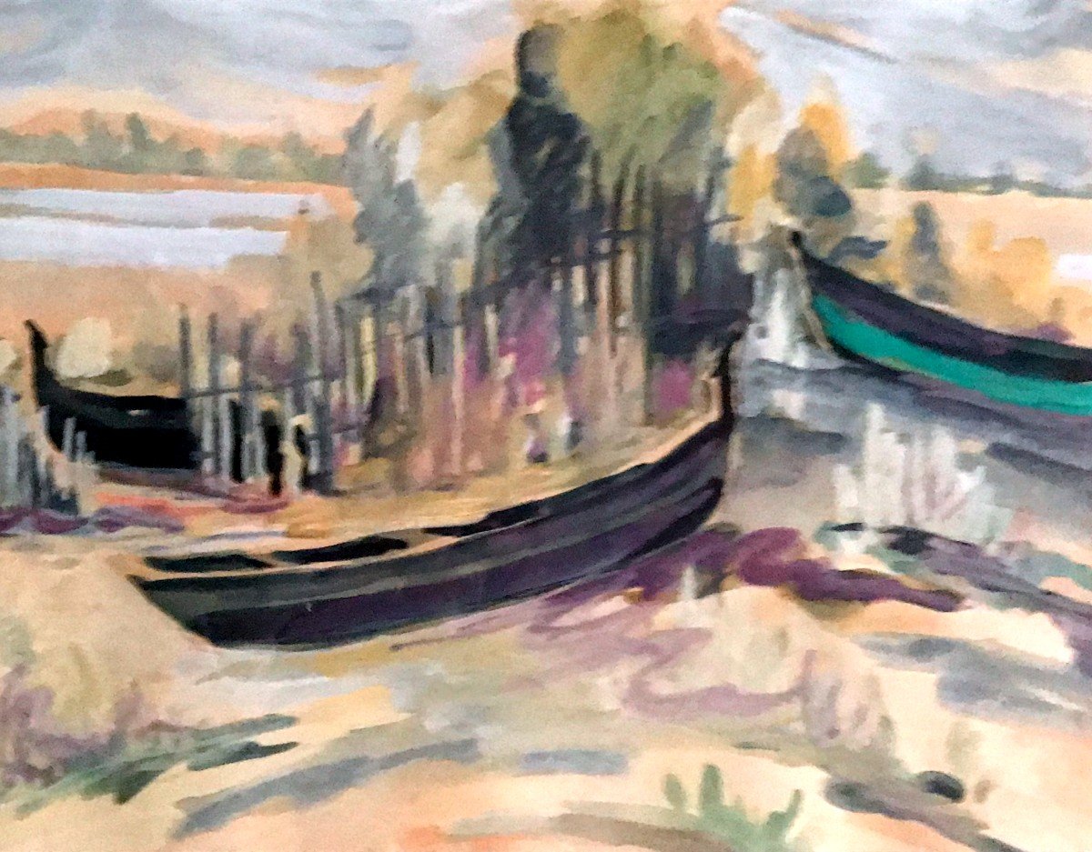 Painting, Boats At The Water's Edge, Watercolor And Gouache, 20th Century-photo-3