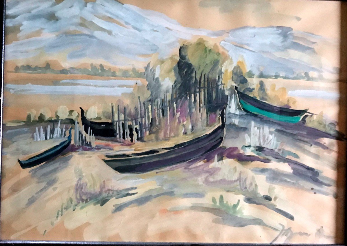 Painting, Boats At The Water's Edge, Watercolor And Gouache, 20th Century-photo-4