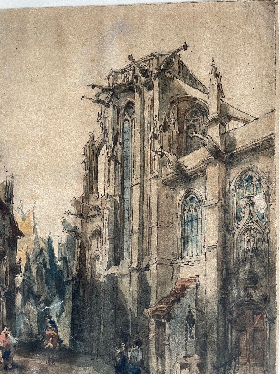 Tableau, Aquarelle La Cathédrale De Rouen Par Victor Edmond Billard, époque XIX ème-photo-3