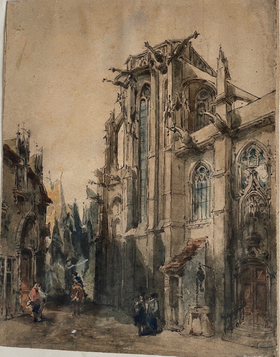 Tableau, Aquarelle La Cathédrale De Rouen Par Victor Edmond Billard, époque XIX ème