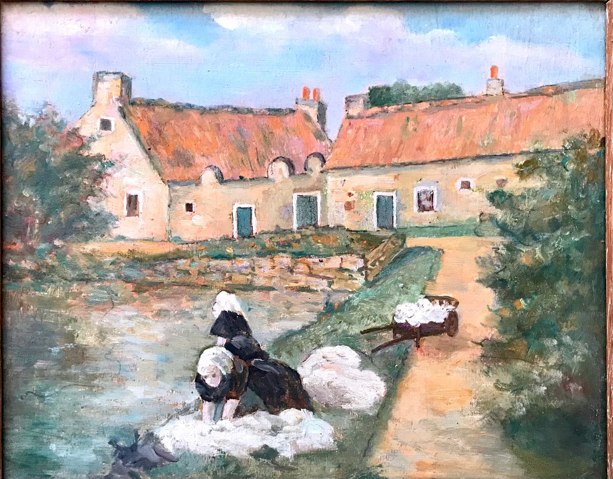 Painting, Young Women At The Washhouse, Brittany, Signed Levèvre ???early 20th Century-photo-2