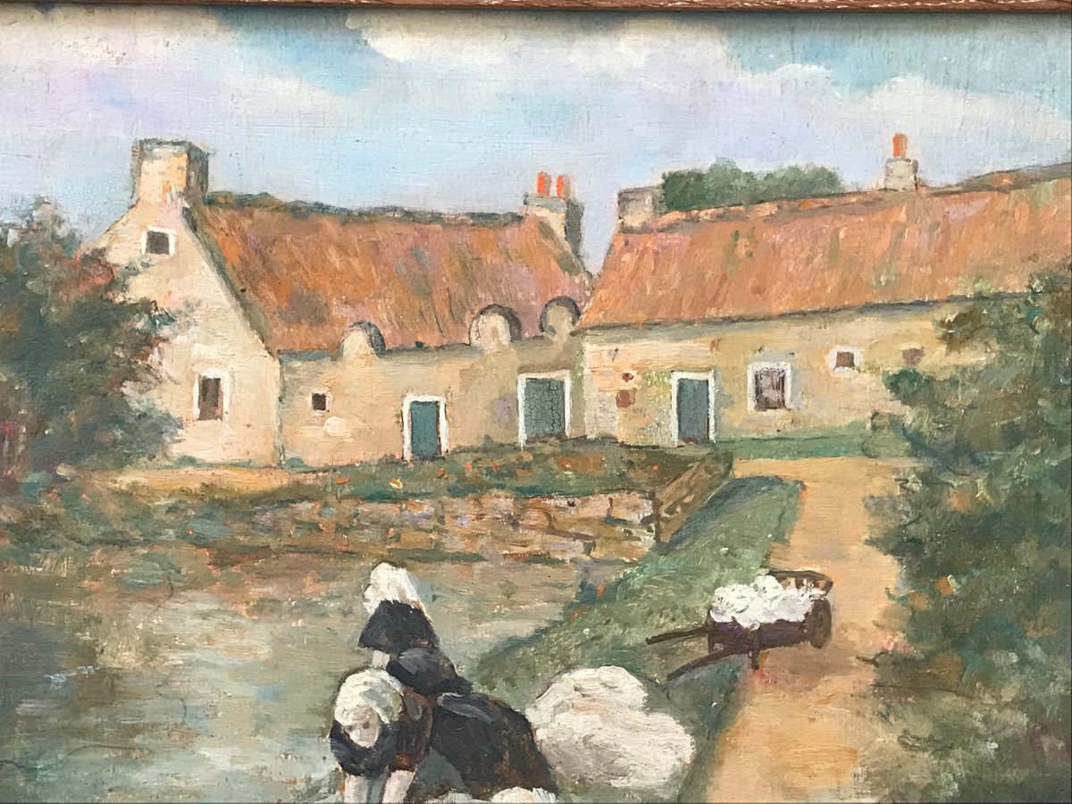Painting, Young Women At The Washhouse, Brittany, Signed Levèvre ???early 20th Century-photo-4