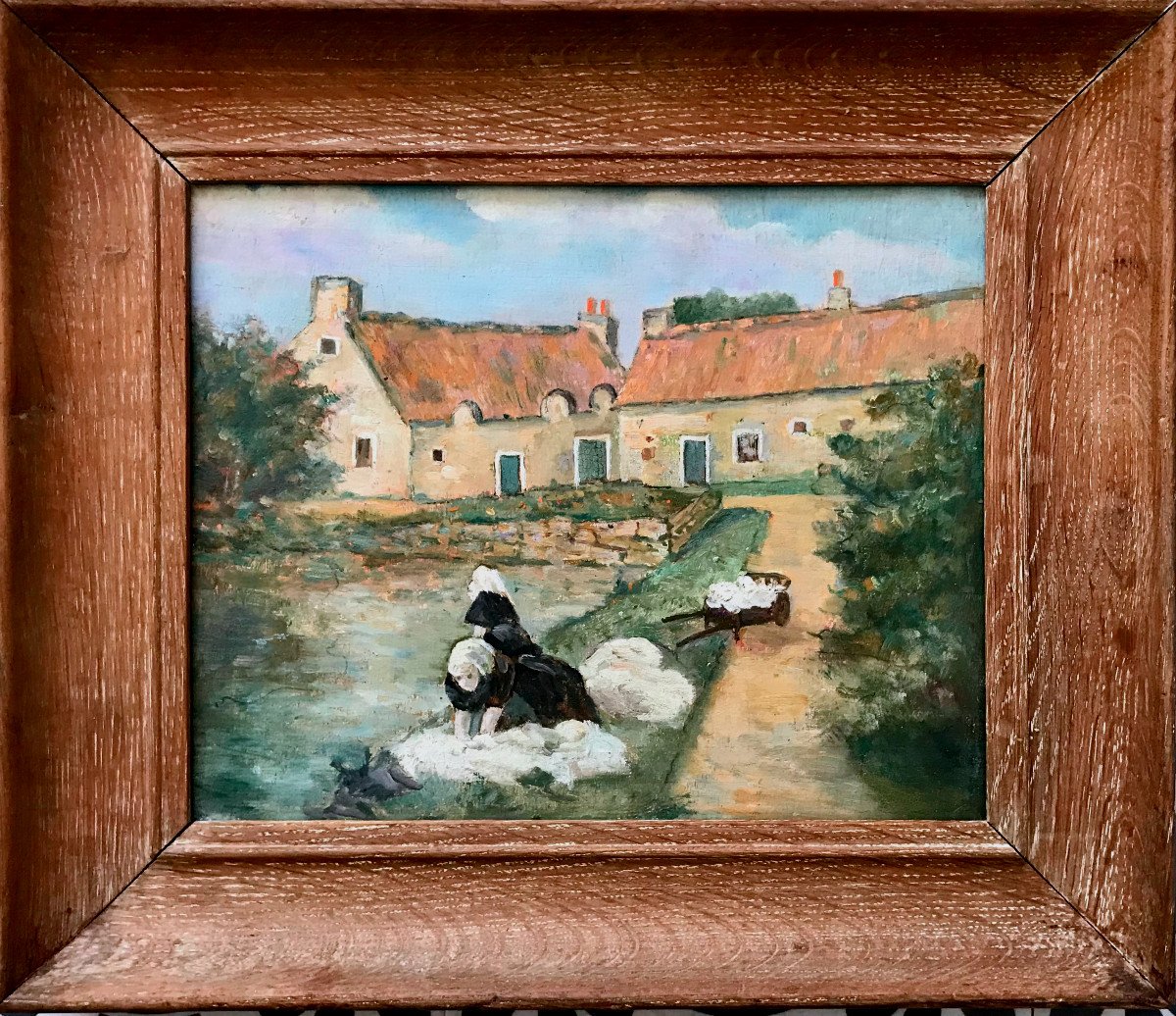 Painting, Young Women At The Washhouse, Brittany, Signed Levèvre ???early 20th Century