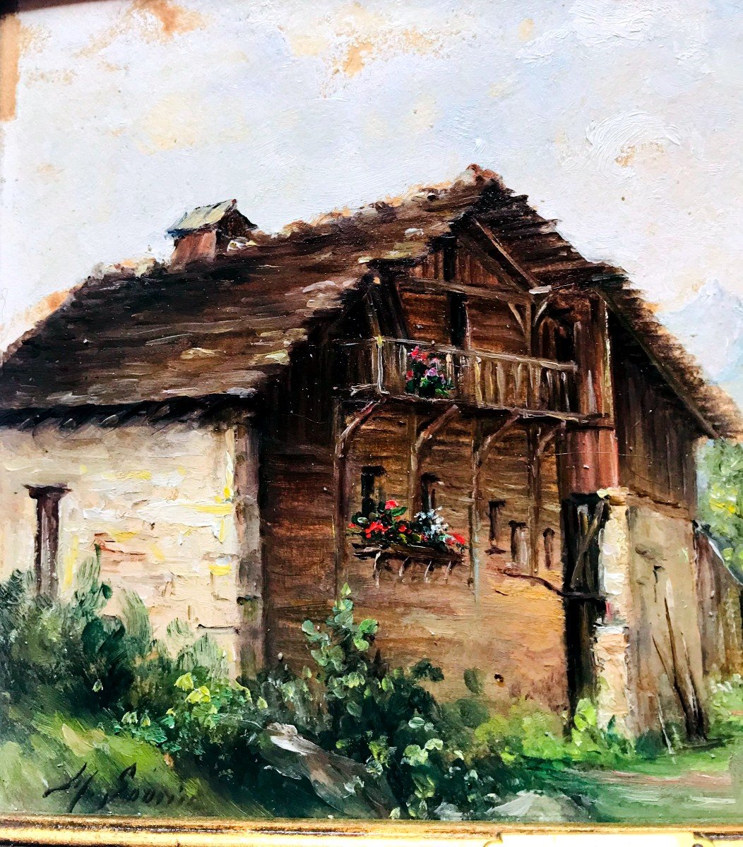 Painting, View Of A Chalet In Combloux, Signed By Marie Sourice And Dated August 15, 1931-photo-2