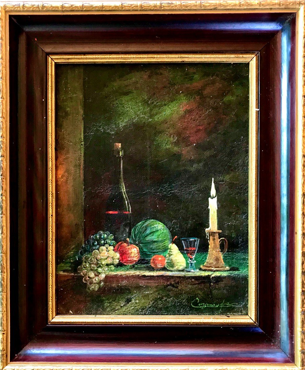 Painting, Still Life With Watermelon, Hst, Signed By Georges Caramadre From October 1979.