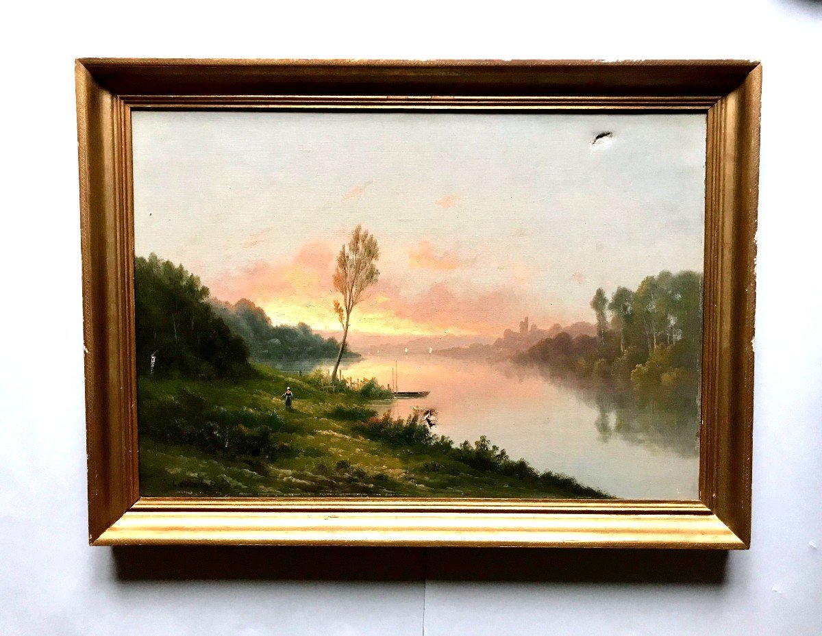 Tableau,paysage De Barbizon, Paysanne Se Promenant Au Crépuscule, De Charles Antoine Lenglet