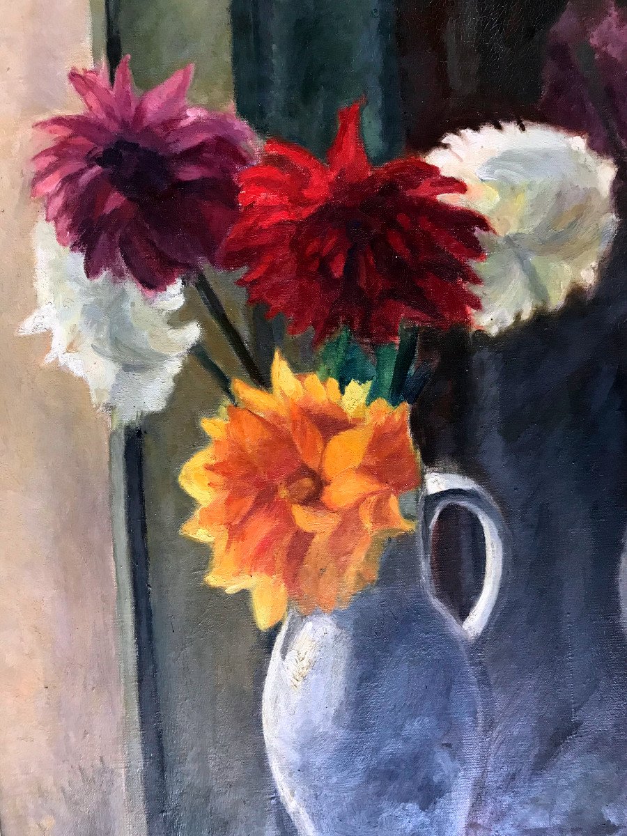 Tableau, Bouquet De Dahlias,hst , Signé Vers 1950-photo-3
