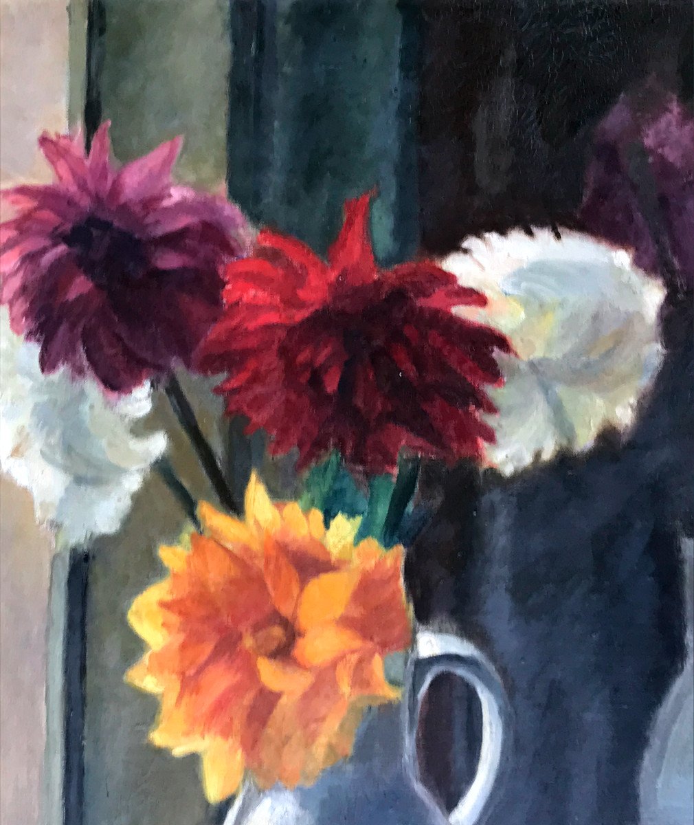 Tableau, Bouquet De Dahlias,hst , Signé Vers 1950-photo-4