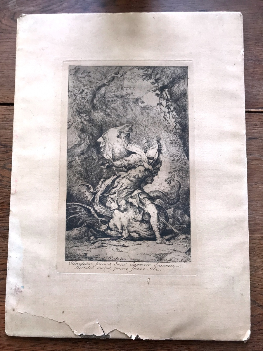 Antique Engraving, Herculaneum Facing The Monster, Signed -photo-2