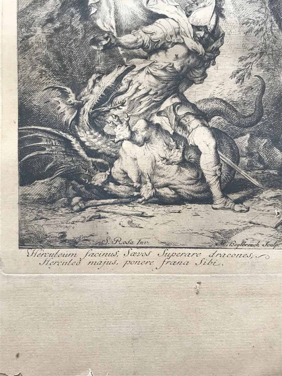 Antique Engraving, Herculaneum Facing The Monster, Signed -photo-4