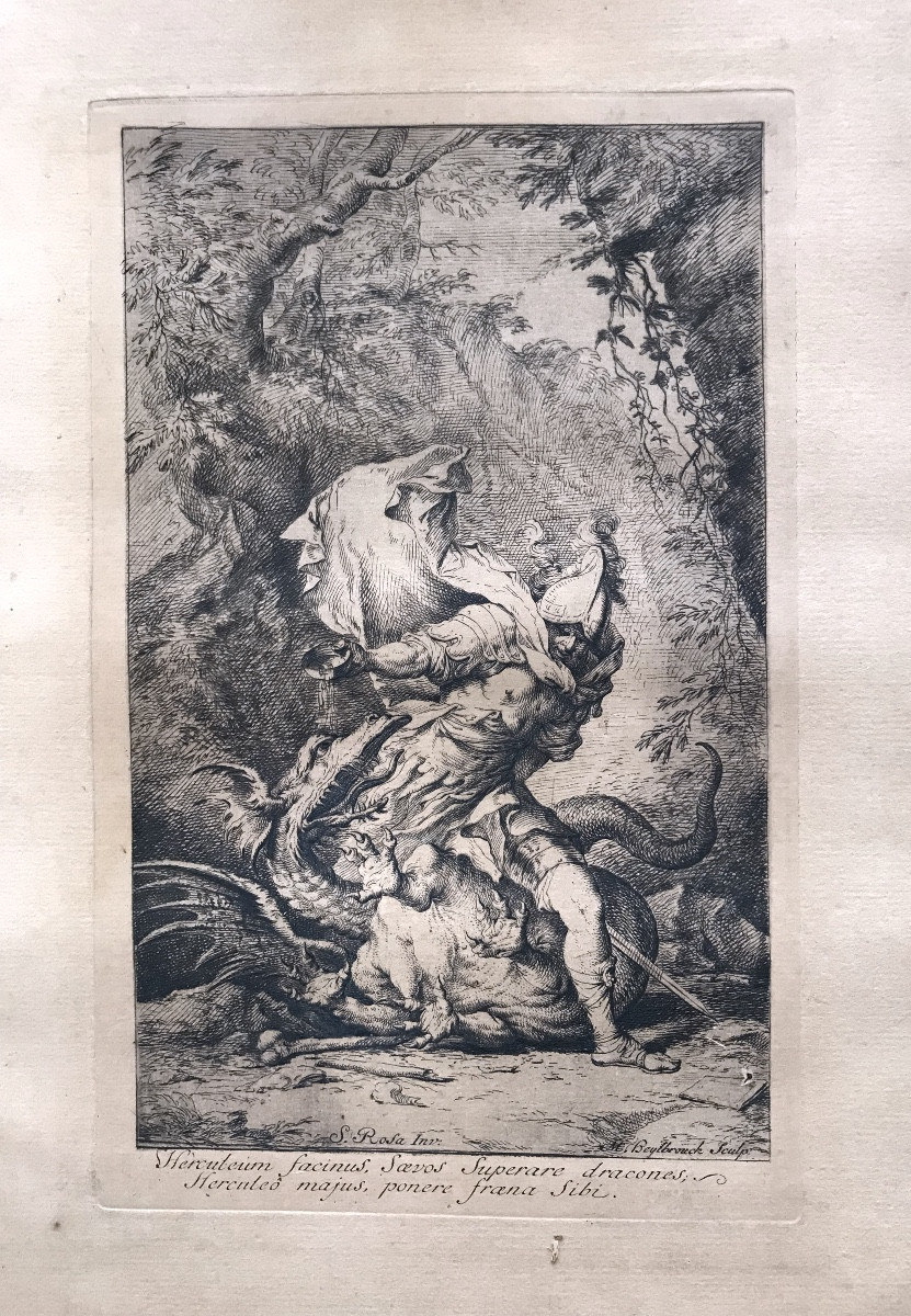 Antique Engraving, Herculaneum Facing The Monster, Signed 