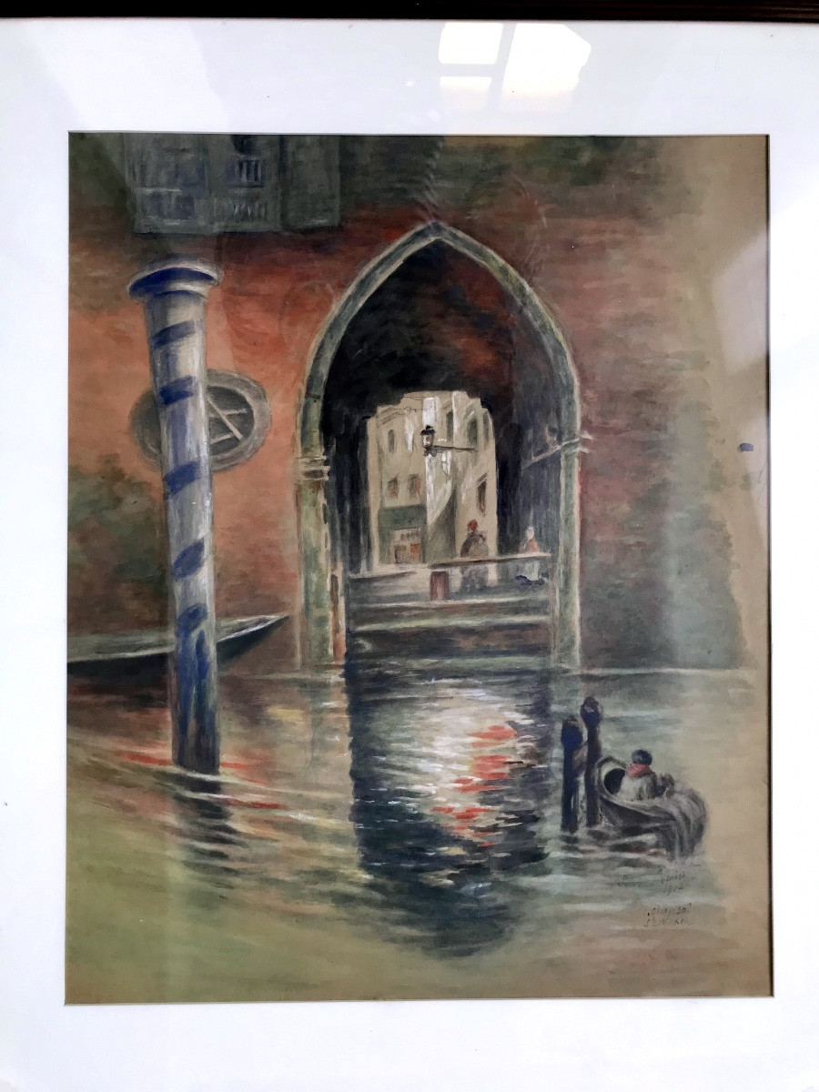 Painting, View Of Lively Venice, Watercolor Dated 1914 And Signed By M Chapsal -photo-2