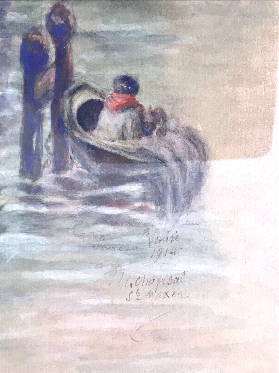 Painting, View Of Lively Venice, Watercolor Dated 1914 And Signed By M Chapsal -photo-1