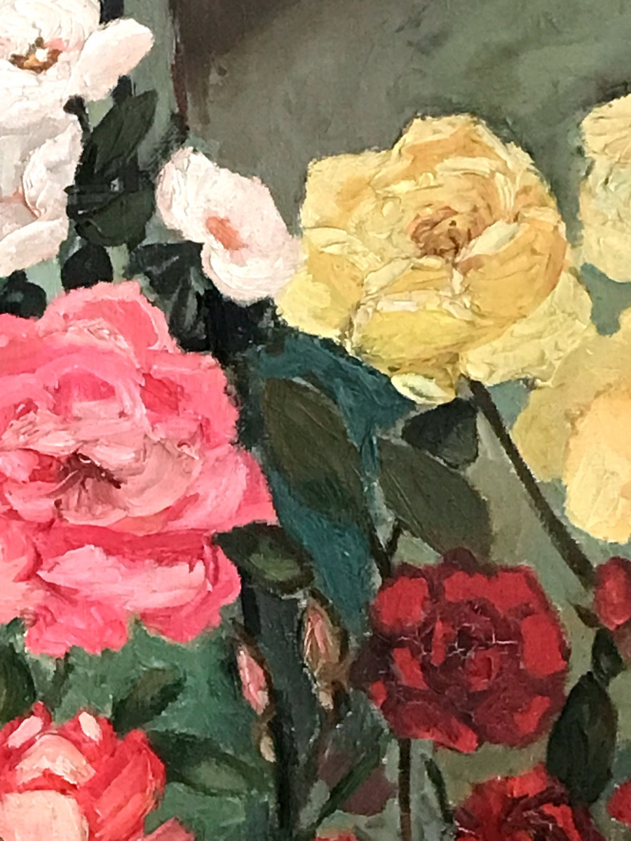 Tableau, fleurs devant la serre , huile sur toile signée de Paule Délaine ( 1920-1986)-photo-3