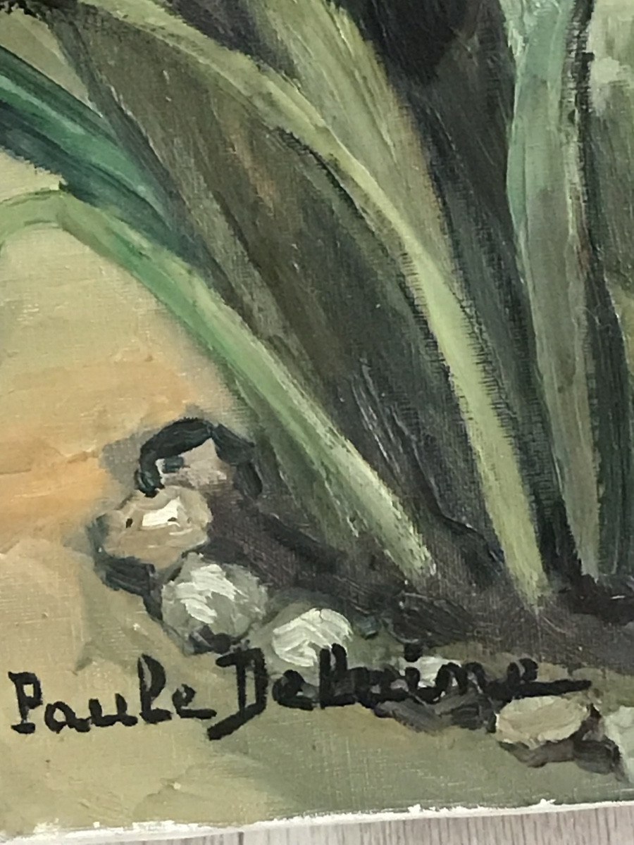 Tableau, fleurs devant la serre , huile sur toile signée de Paule Délaine ( 1920-1986)-photo-4