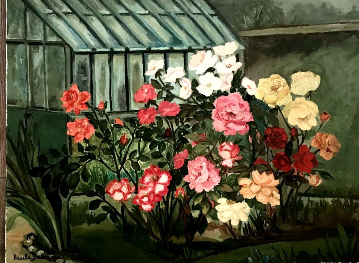 Tableau, fleurs devant la serre , huile sur toile signée de Paule Délaine ( 1920-1986)