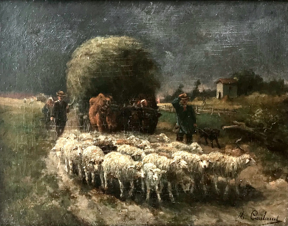 Tableau, troupeau de moutons et charrette de foin tirée par des bœufs signé de M. Coulaud XIXem-photo-2