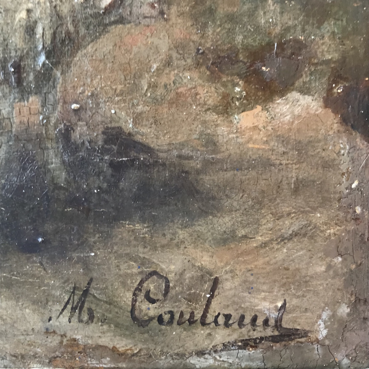 Tableau, troupeau de moutons et charrette de foin tirée par des bœufs signé de M. Coulaud XIXem-photo-3