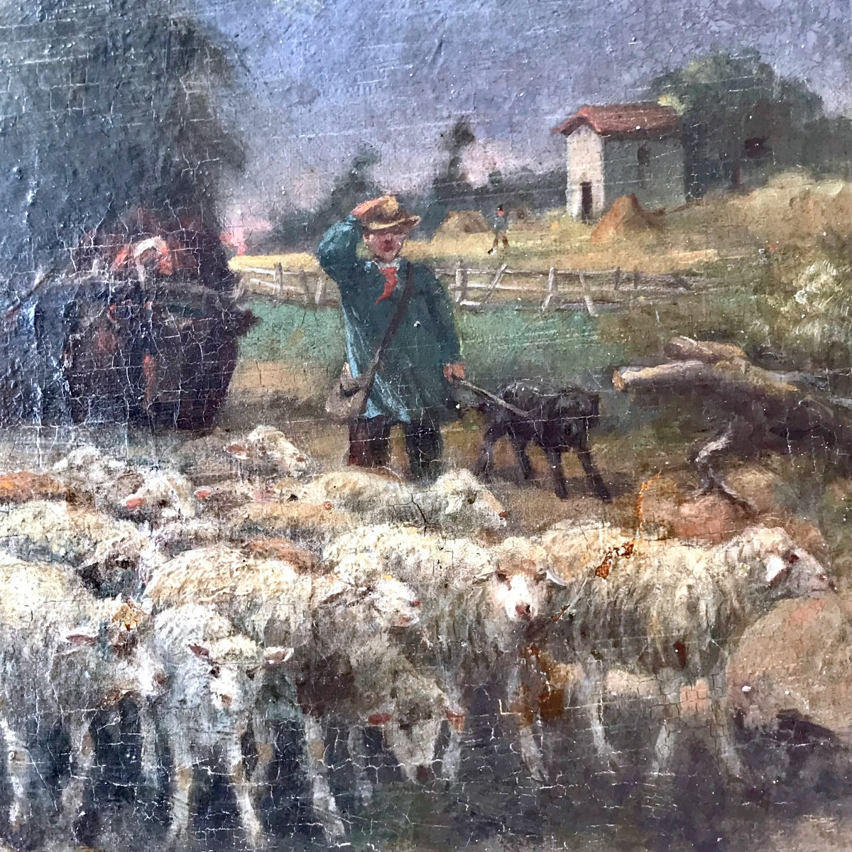 Tableau, troupeau de moutons et charrette de foin tirée par des bœufs signé de M. Coulaud XIXem-photo-4
