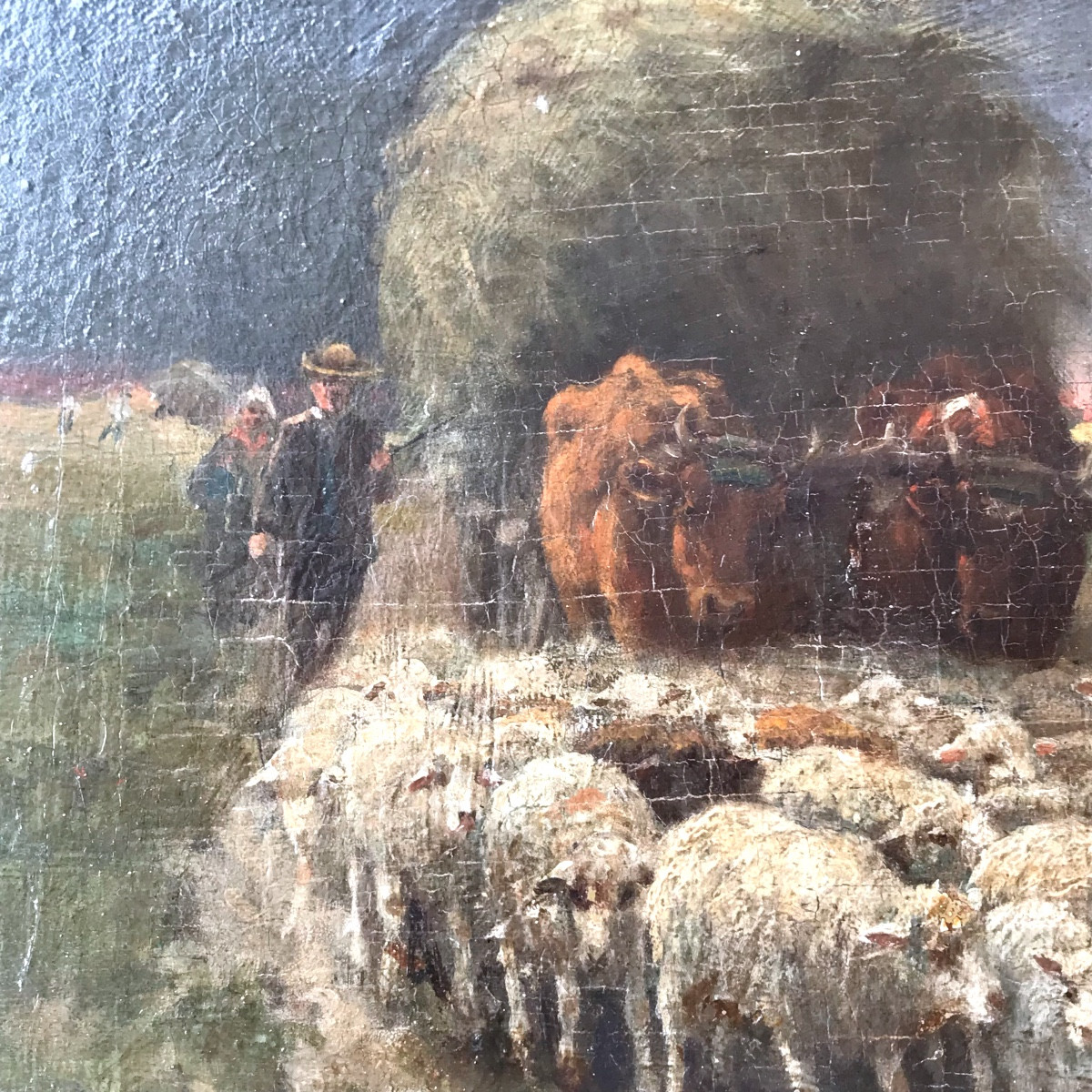 Tableau, troupeau de moutons et charrette de foin tirée par des bœufs signé de M. Coulaud XIXem-photo-1