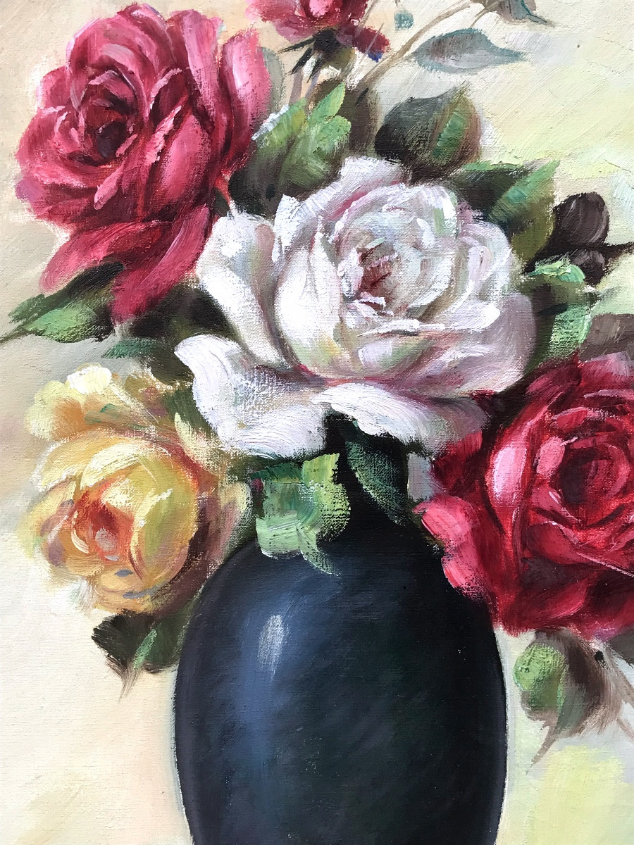 Painting, Flowers In A Vase, Signed By Bonvalot, Oil On Canvas-photo-4