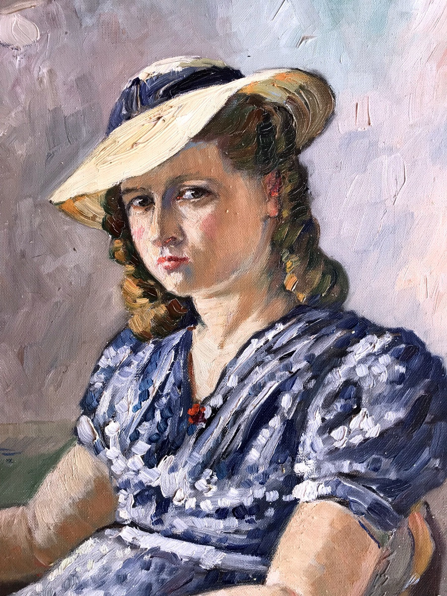 Painting, Portrait Of A Young Woman With A Straw Hat, Signed By A Winter And Dated 1942-photo-2