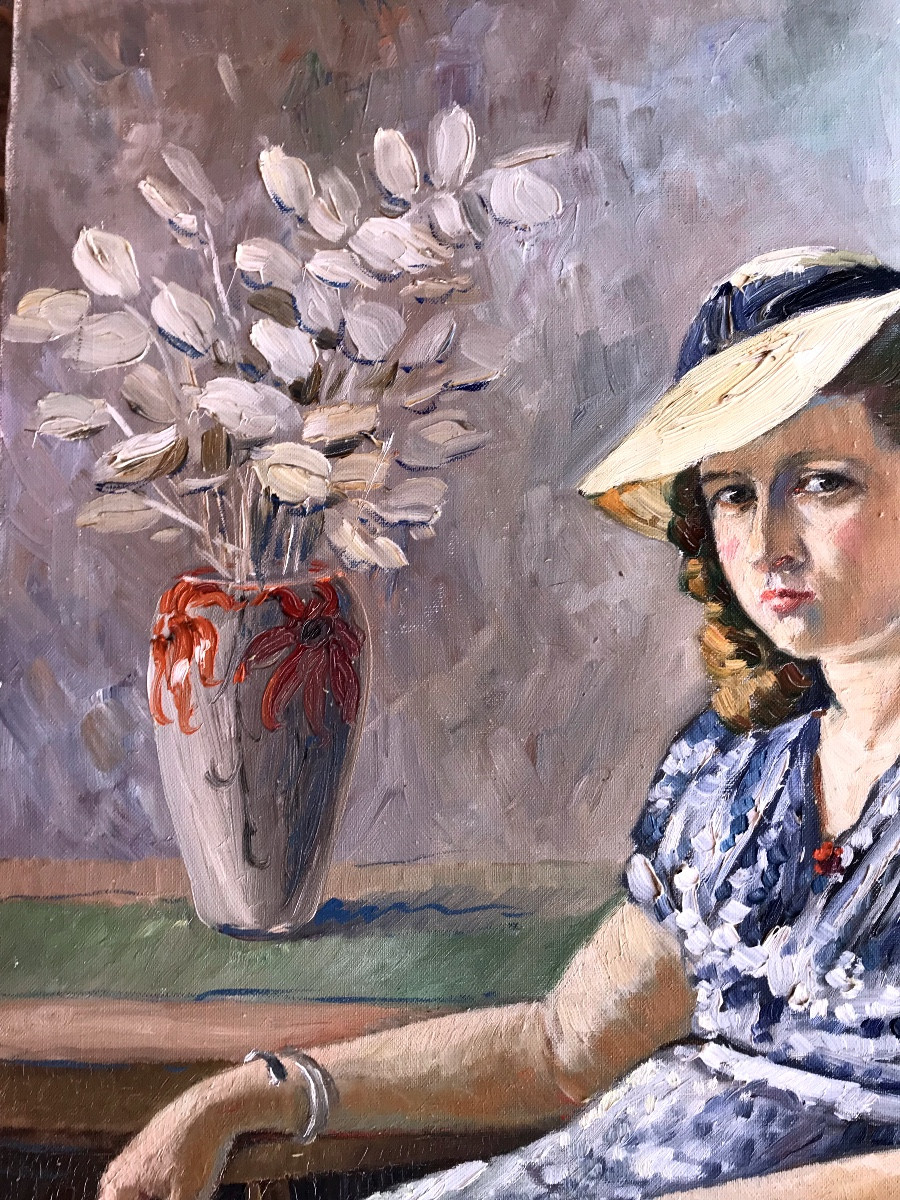 Painting, Portrait Of A Young Woman With A Straw Hat, Signed By A Winter And Dated 1942-photo-3
